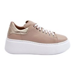 Lemar Damskie Buty Sportowe Skórzane na Platformie Beżowe Milonia beżowy. Brązowe buty treningowe bez wzorów, ze skóry, bez zapięcia. Za 546.21 zł.