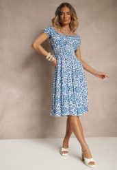 Niebieska Sukienka Bawełniana z Gumką w Talii i Ornamentalnym Printem Natilessae. Niebieskie sukienki Renee, na co dzień, l, z aplikacjami, z bawełny, eleganckie, bez kołnierzyka, bez ramiączek, midi, kopertowe. W wyprzedaży za 39.99 zł.