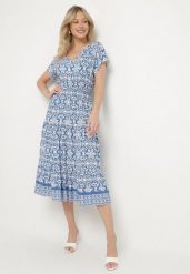 Niebieska Bawełniana Sukienka Rozkloszowana we Wzór Paisley Lanadira. Niebieskie sukienki Born2be, l, bez wzorów, z bawełny, boho, bez kołnierzyka, bez ramiączek, midi, rozkloszowane. W wyprzedaży za 38.24 zł.