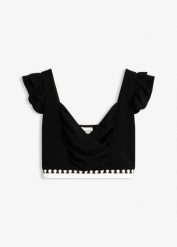 Krótki top. Czarne topy bonprix, bez wzorów, eleganckie, bez kołnierzyka, bez ramiączek. Za 44.99 zł.