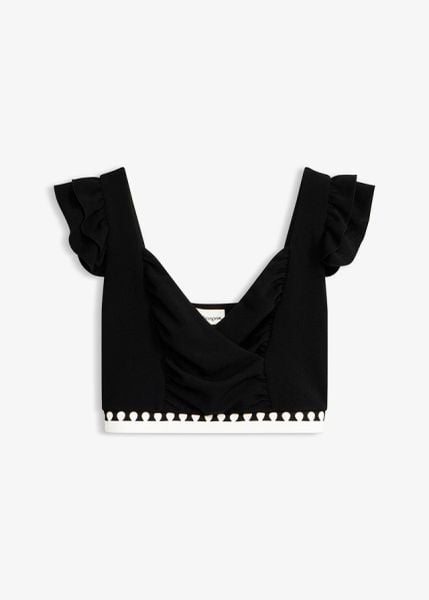 Krótki top. Czarne topy bonprix, bez wzorów, eleganckie, bez kołnierzyka, bez ramiączek. Za 44.99 zł.