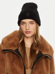 Guess Czapka AW5210 POL01 Czarny. Czarne czapki zimowe Guess, z aplikacjami, z materiału. Za 169.99 zł.