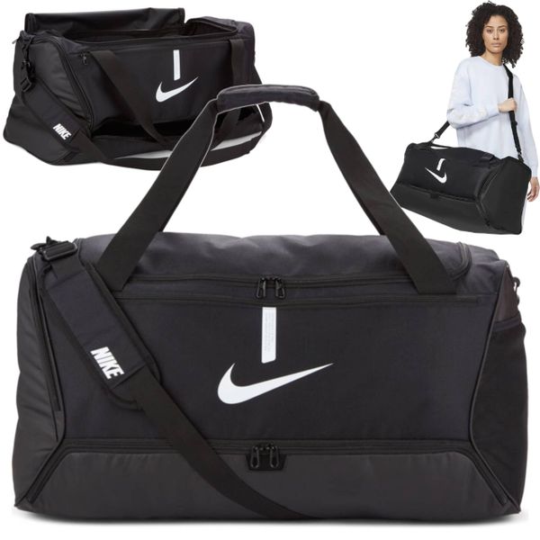 Torba sportowa Nike Academy Team Duffel usztywnione dno z komorą na buty 95L. Czarne buty treningowe Nike, bez wzorów, na ramię. Za 139.00 zł.