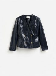 Marynarka z połyskiem - granatowy. Niebieskie marynarki i żakiety Reserved, l, bez wzorów, z materiału, bez ramiączek. Za 259.99 zł.