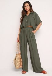 Ciemnozielony Wiskozowy Komplet 2-Częściowy Luźna Koszula Spodnie z Szerokimi Nogawkami Ulvitela. Zielone koszule Born2be, bez wzorów, z wiskozy, eleganckie, bez kołnierzyka, bez ramiączek. Za 139.99 zł.