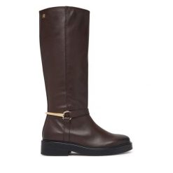 Oficerki Tommy Hilfiger. Brązowe kozaki Tommy Hilfiger, bez wzorów, bez obcasa, na płaskiej podeszwie, bez zapięcia. Za 1,299.00 zł.