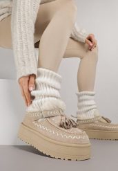 Beżowe Śniegowce na Platformie Ozdobione Haftem i Frędzlami Linomis. Brązowe śniegowce Renee, z aplikacjami, z jeansu, bez zapięcia. Za 119.99 zł.