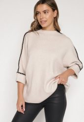Beżowy Sweter z Kontrastową Lamówką Tuselle. Brązowe swetry Born2be, bez wzorów, z jeansu, biznesowe, bez ramiączek. Za 109.99 zł.
