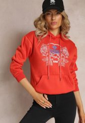 Pomarańczowa Modna Bluza z Nadrukiem i Kapturem Ozdobiona Nadrukiem Arinalu. Brązowe bluzy Renee, l, bez wzorów, z polaru, casualowe, bez ramiączek. W wyprzedaży za 71.99 zł.