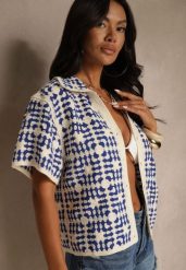 Niebieska Koszula z Bawełny Ozdobiona Geometrycznym Wzorem Melundria. Niebieskie koszule Renee, uniwersalny, bez wzorów, z bawełny, eleganckie, bez kołnierzyka, bez ramiączek. Za 129.99 zł.