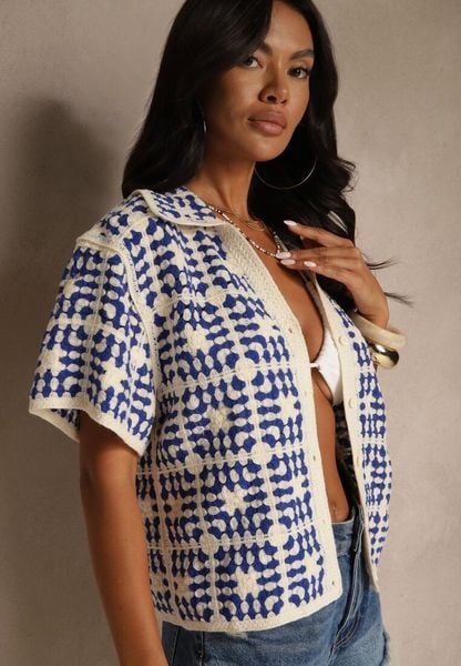 Niebieska Koszula z Bawełny Ozdobiona Geometrycznym Wzorem Melundria. Niebieskie koszule Renee, uniwersalny, bez wzorów, z bawełny, eleganckie, bez kołnierzyka, bez ramiączek. Za 99.99 zł.