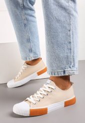 Beżowe Trampki Castite. Brązowe trampki Born2be, z aplikacjami, z gumy, przed kostkę, bez zapięcia. W wyprzedaży za 33.99 zł.