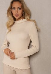 Beżowy Sweter z Wełną przy Dekolcie Ozdobiony Falbanką Seatoria. Brązowe swetry Renee, z aplikacjami, z jeansu, casualowe, bez ramiączek. W wyprzedaży za 71.99 zł.