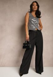 Czarne Spodnie High Waist Garniturowe z Szerokim Nogawkami Silzemia. Czarne jeansy Renee, bez wzorów, z jeansu, biznesowe, z podwyższonym stanem. W wyprzedaży za 99.99 zł.