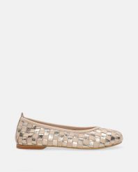 BALERINY Z PLECIONKĄ E201 GOLD-BEIGE. Brązowe baleriny Venezia, bez wzorów, ze skóry, bez obcasa, bez zapięcia. Za 299.00 zł.