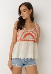 Beżowo-Pomarańczowy Top Rhaedone. Brązowe topy Born2be, s, w ażurowe wzory, z bawełny, boho, bez kołnierzyka, bez ramiączek. Za 109.99 zł.