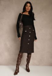 Czarna Tweedowa Spódnica Ołówkowa w Kratę z Guzikami Aretusa. Czarne spódnice Renee, do pracy, m, bez wzorów, biznesowe, midi, ołówkowe. Za 69.99 zł.