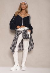 Białe Spodnie Dresowe z Wiskozą High Waist Ozdobione Sznurkiem Ellivenna. Białe jeansy Renee, bez wzorów, z dresówki, sportowe, z podwyższonym stanem. W wyprzedaży za 32.99 zł.