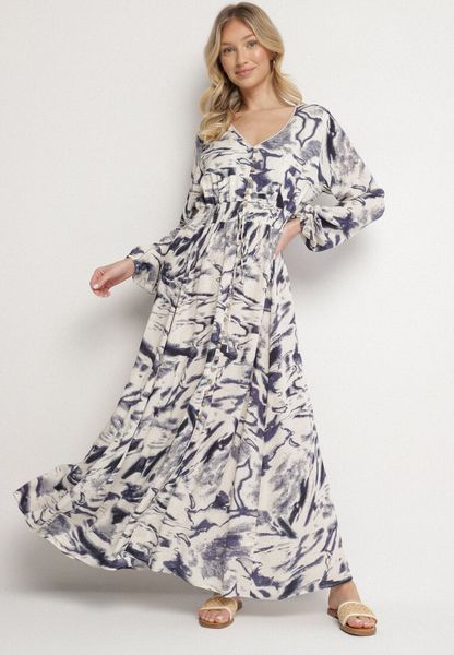 Niebieska Wiskozowa Sukienka w Abstrakcyjny Print z Gumką w Talii i Dekoltem w Serek Arpio. Niebieskie sukienki Born2be, na co dzień, l, bez wzorów, z jeansu, eleganckie, bez kołnierzyka, bez ramiączek, maxi, rozkloszowane. Za 139.99 zł.