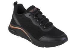 Buty sportowe Sneakersy damskie, Arch Fit S-Miles - Sonrisas. Czarne buty treningowe Skechers, bez wzorów, z materiału, przed kostkę, bez zapięcia, trekkingowe. Za 389.99 zł.