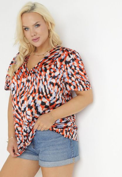 Pomarańczowa Satynowa Bluzka w Cętki Rosemaria. Brązowe bluzki Born2be, xl, bez wzorów, z satyny, bez kołnierzyka, bez ramiączek. Za 79.99 zł.