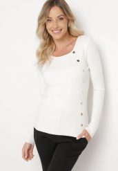 Biały Sweter Ozdobiony Metalowymi Napami Corettina. Białe swetry Born2be, m, z aplikacjami, z jeansu, wizytowe, bez ramiączek. W wyprzedaży za 84.99 zł.