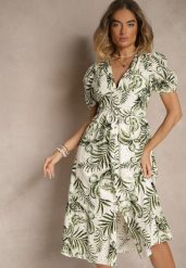 Zielona Sukienka o Rozkloszowanym Kroju z Dekoltem w Serek w Roślinny Print Evilessa. Zielone sukienki Renee, na co dzień, l, bez wzorów, eleganckie, bez kołnierzyka, bez ramiączek, midi, rozkloszowane. W wyprzedaży za 119.99 zł.