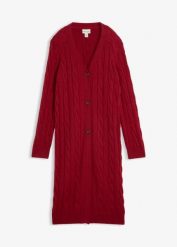 Długi sweter rozpinany z wełną. Brązowe swetry bonprix, bez wzorów, z wełny, bez ramiączek. Za 299.99 zł.
