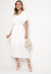 Biała Sukienka Pudełkowa z Dekoltem Łódką Wiązana w Talii Sonaliris. Białe sukienki Born2be, na co dzień, l, bez wzorów, z materiału, eleganckie, bez kołnierzyka, bez ramiączek, proste. W wyprzedaży za 127.49 zł.