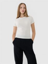 4F T-shirt slim z prążkowanej dzianiny damski - biały L. Białe t-shirty 4f, l, bez wzorów, z bawełny, klasyczne, bez kołnierzyka, bez ramiączek. W wyprzedaży za 39.99 zł.