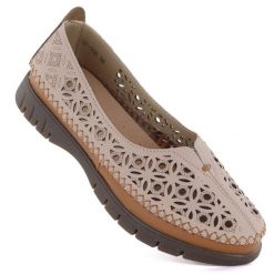 Skórzane półbuty damskie ażurowe beżowe Sergio Leone SP006. Brązowe półbuty wsuwane Sergio Leone, w ażurowe wzory, ze skóry, bez obcasa. Za 169.99 zł.