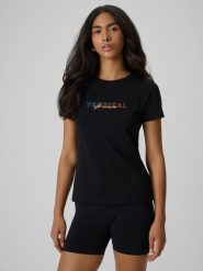 4F T-shirt slim z nadrukiem damski - czarny S. Czarne t-shirty 4f, l, bez wzorów, z bawełny, bez kołnierzyka, bez ramiączek. Za 59.99 zł.