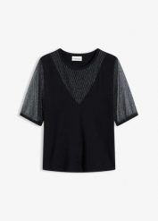 Sweter z cienkiej dzianiny z siateczkową wstawką. Czarne swetry bonprix, bez wzorów, z dzianiny, eleganckie, bez ramiączek. Za 124.99 zł.