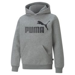 Młodzieżowa bluza z kapturem z dużym logo Essentials PUMA Medium Gray Heather. Szara bluzy Puma, m, bez wzorów, klasyczne, bez ramiączek, z kapturem. Za 156.10 zł.