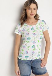 Biało-Zielony Bawełniany T-shirt Ozdobiony Nadrukiem Zarice. Białe t-shirty Born2be, l, bez wzorów, z bawełny, klasyczne, bez kołnierzyka, bez ramiączek. W wyprzedaży za 29.74 zł.