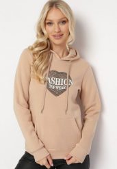 Beżowa Bluza Kangurka z Kapturem z Polarem i Nadrukiem z Sercem Sinha. Brązowe bluzy Born2be, l, bez wzorów, z polaru, z kapturem. W wyprzedaży za 76.49 zł.