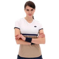 Koszulka tenisowa damska Lotto Tech V-D1 tee. Brązowe t-shirty sportowe Lotto, l, bez wzorów, z elastanu, bez ramiączek, na fitness i siłownię. Za 239.00 zł.