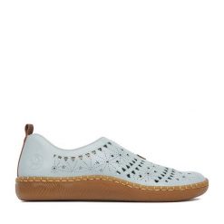 Półbuty Rieker. Niebieskie półbuty wsuwane Rieker, bez wzorów, bez obcasa, na płaskiej podeszwie. Za 299.99 zł.