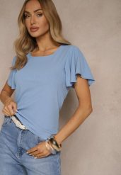 Niebieska Bluzka z Rozkloszowanymi Rękawami Sunelva. Niebieskie bluzki Renee, m, bez wzorów, z jeansu, eleganckie, bez kołnierzyka, bez ramiączek. W wyprzedaży za 31.99 zł.