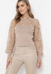 Beżowa Bluzka z Eleganckimi Koronkowymi Rękawami Lowenia. Brązowe bluzki Born2be, bez wzorów, z jeansu, eleganckie, bez kołnierzyka, bez ramiączek. W wyprzedaży za 127.49 zł.