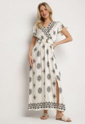 Jasnobeżowa Sukienka w Ornamentalny Wzór z Elastycznym Paskiem Tosvanna. Brązowe sukienki Born2be, na co dzień, l, z aplikacjami, eleganckie, bez kołnierzyka, bez ramiączek, maxi, kopertowe. Za 119.99 zł.
