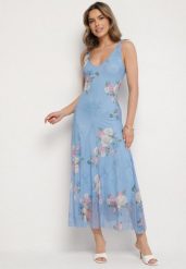 Niebieska Siateczkowa Sukienka z Kwiatowym Motywem Milanessa. Niebieskie sukienki Born2be, na co dzień, m, z aplikacjami, z jeansu, eleganckie, bez kołnierzyka, bez ramiączek, maxi, proste. W wyprzedaży za 101.99 zł.