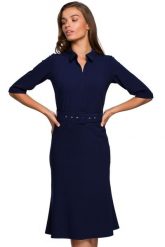 Elegancka sukienka koszulowa z kołnierzykiem i paskiem w talii granat. Sukienki Stylove, do pracy, m, bez wzorów, biznesowe, bez kołnierzyka, bez ramiączek, koszulowe. Za 329.00 zł.