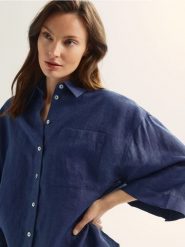 Lniana koszula - granatowy. Niebieskie koszule Reserved, l, bez wzorów, bez kołnierzyka, bez ramiączek. Za 159.99 zł.