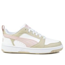 Buty damskie sneakersy sportowe Puma REBOUND V6 LO Jr. Białe buty treningowe Puma, bez wzorów, z dresówki, bez zapięcia, trekkingowe. Za 159.00 zł.