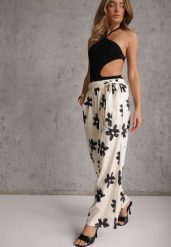 Czarno-Kremowe Szerokie Spodnie High Waist z Kwiatowym Printem i Wiązanym Paskiem Oramare. Czarne jeansy Renee, l, bez wzorów, z jeansu, boho, z podwyższonym stanem, krótkie. Za 59.99 zł.
