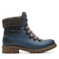 Botki Rieker. Niebieskie botki Rieker, bez wzorów, bez obcasa, na płaskiej podeszwie, bez zapięcia. Za 293.99 zł.
