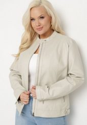 Jasnobeżowa Kurtka Ramoneska Bez Kołnierzyka z Suwakami na Rękawach Rilinne. Brązowe kurtki Born2be, na wiosnę, plus size, bez wzorów, eleganckie, bez kaptura. Za 119.99 zł.