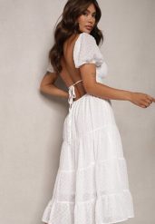 Biała Sukienka z Odkrytymi Plecami Nephia. Białe sukienki Renee, l, bez wzorów, z tkaniny, eleganckie, bez kołnierzyka, bez ramiączek, midi, rozkloszowane. W wyprzedaży za 151.99 zł.