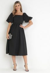 Czarna Rozkloszowana Sukienka Midi z Bufiastymi Rękawami i Kwadratowym Dekoltem Ceania. Czarne sukienki Born2be, na spotkanie biznesowe, m, bez wzorów, eleganckie, bez kołnierzyka, bez ramiączek, midi, rozkloszowane. W wyprzedaży za 84.99 zł.